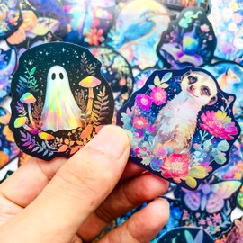 50PCS Holographic Nature Floral Aesthetic Stickers – Waterproof Vinyl Wildlife Animal & Celestial Fantasy Decals for Scrapbooking, Journaling, Laptop, Water Bottle Decoration