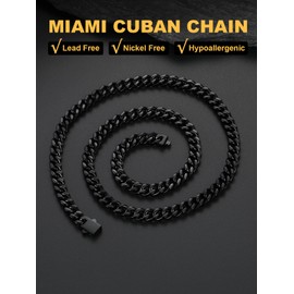 Mens Black Necklace,Stainless Steel Miami Cuban Chain Necklace,7mm Black Chain for Men,20"