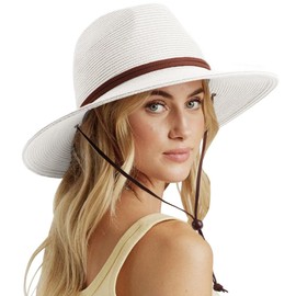 DRESHOW Women Straw Panama Hat Fedora Adjustable Summer Wide Brim Beach Sun Hat with Wind Lanyard UPF 50+