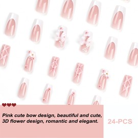 24-PCS French Pink Bow Press on Nails,Long Length Square Coffin Fake Nails with Cute 3D Flower Design,Rhinestone Glossy and Full Cover Acrylic False Nails for Valentine’s Day,Wedding,Party