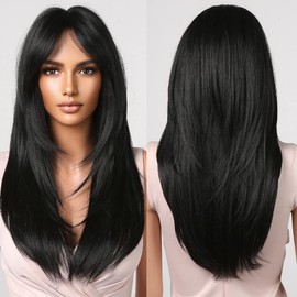 Allbell Long Black Layered Wigs for Women Long Straight Wig with Bangs Synthetic Natural Hair