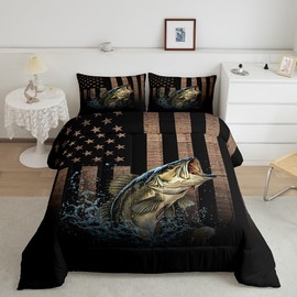 Feelyou American Flag Bedding Set Fishing and Hunting Comforter Set for Kids Boys Girls Teens Room Decor Pike Fish Comforter Twin Size Rustic Wooden Duvet Set 2Pcs