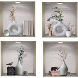 ANHUIB Pack of 4 3D Vase Wall Stickers, Vases Wall Stickers for Living Room, Green Plants Wall Stickers, Vinyl Removable White Bottle and Green Leaves Wall Pictures for Bedroom, Office, Kitchen