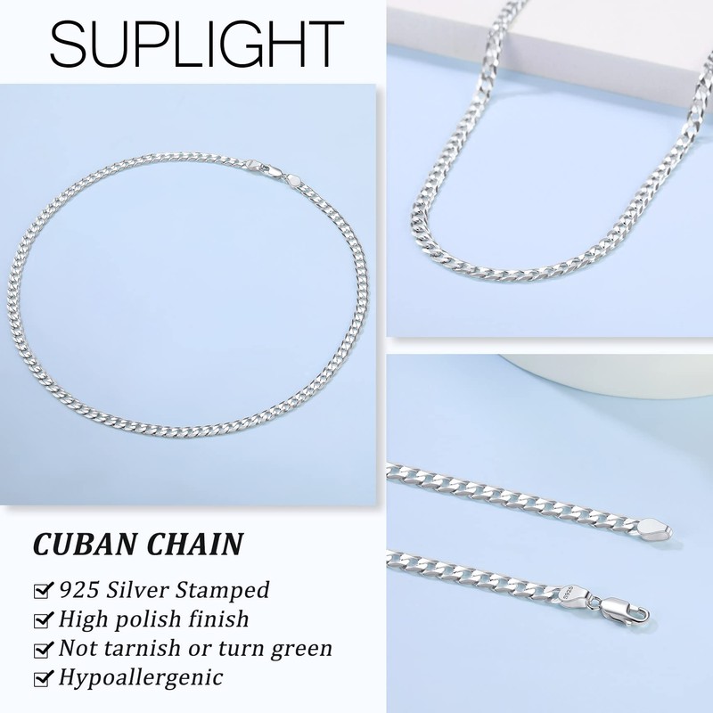 Suplight Sterling Silver Chain Mens Cuban Link Solid 5mm Chains