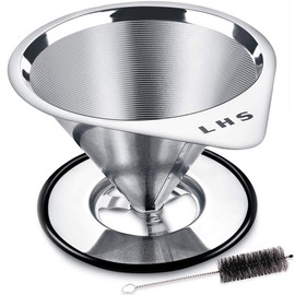 LHS Pour Over Coffee Dripper Stainless Steel Coffee Filter Metal Cone Filter Paperless Reusable Coffee Filter Single Cup Coffee Maker 1-2 Cup With Non-slip Cup Stand and Cleaning Brush