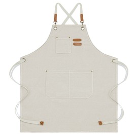 Chef Apron, Apron for Men Women with Pockets Cotton Canvas Cross Back Heavy Duty Adjustable Work Apron (Beige)