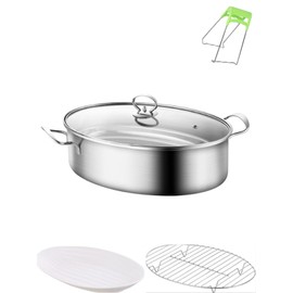 TAOCIGOU Stainless Steel Fish Steamer Set, Large Oval Steamer Pot Cooker with Glass Lid, Multi-Use Steamer Cookware for Fish Soup Chicken Cooking (Silver)