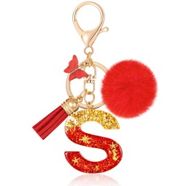 MWOOT Letter S Keychain Initial Letter Key Ring, Alphabet Resin Key Chain with Butterfly Tassel Plush Pendant Handbag Purse Charm, Red Keyring for Women (S)