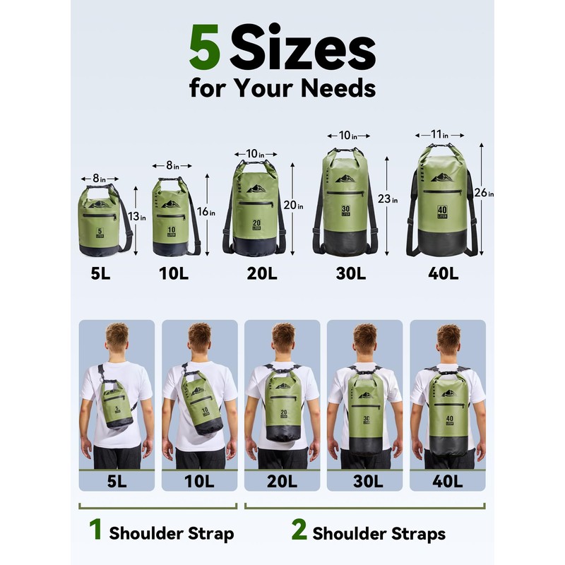 HEETA Waterproof Dry Bag Backpack with Zippered Pocket (Green, 10L)