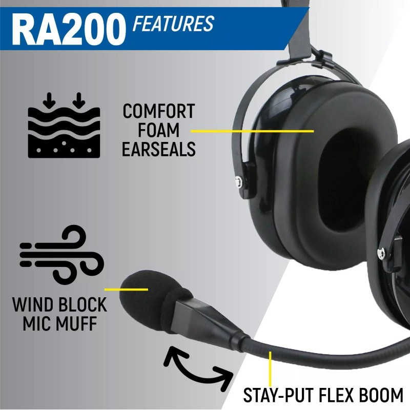 Rugged Air RA200 General Aviation Student Pilot Headset Music Input