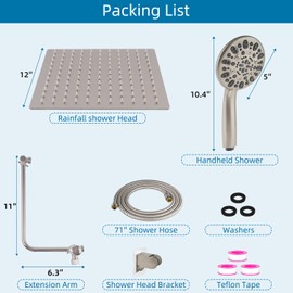Rain Shower Head with Handheld Head High Pressure 12" Large Rainfall Showerhead+7-Spray Handheld Head Combo, 11" Shower Extension Arm, 71" Hose, 3 Settings Diverter, Brushed Nickel