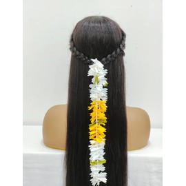Indian Hair Accessories Artificial Jasmine Flowers Gajra for Hair Accessory for Women, Idols, Photo Frames, Dance Competitions (White & Yellow)