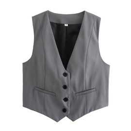 Happy Cherry Women's Plain Suit Vest Button Under V-Neck Vest Casual Crop Blazer Gilet, gray, L