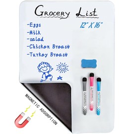Whiteboard Magnetic Dry Wipe Board Self Adhesive for Any Smooth Surface with New Stain Resistant Technology,Home Kitchen Fridge Shopping List and Office Notice Board (16” X 12”)