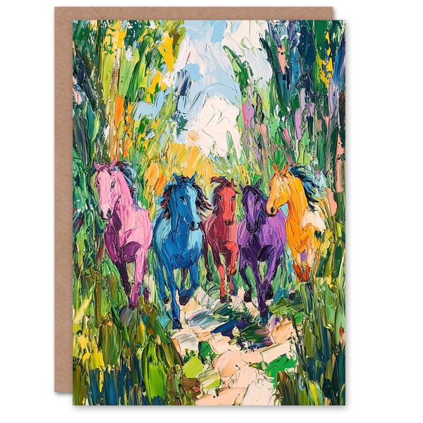 Artery8 Greeting Card Colourful Horses Running Through Forest Abstract Blank