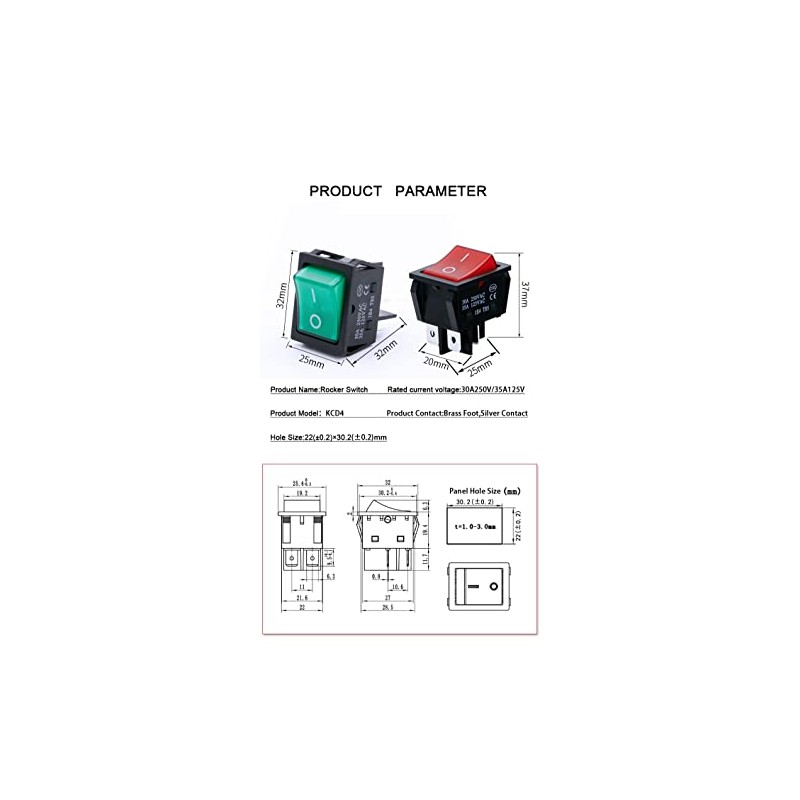 30A 250VAC/35A 125VAC KCD2 KCD4 Rocker Switch DPST 4 Pin