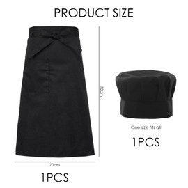 ZBHDEYG 1 Black Half Apron, 1 Catering Hat, Tie Apron, Cooking Apron with Pockets, Half Waist Apron, Suitable for Home and Restaurant, black