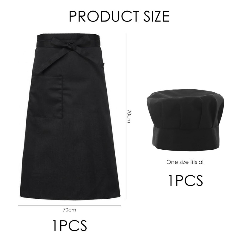 ZBHDEYG 1 Black Half Apron, 1 Catering Hat, Tie Apron,
