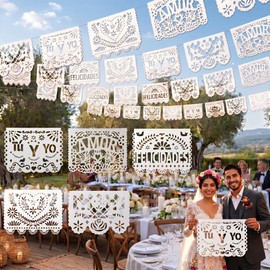 Fullhawl 6 Pack 120 ft White Cielito Lindo Party Decoration Wedding Papel Picado Banner Plastic Mexican Fiesta Flags Amor & Tu Y Yo Banner Wedding Bridal Shower Supplies, 10 Plastic Flags/per