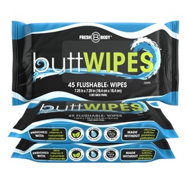 Buttwipes Flushable Butt Wipes (3 Pack, 135 wipes) - Flushable Wipes for Adults - Water-Based Wipes with Aloe and Vitamin E - Made Without Alcohol or Added Fragrance