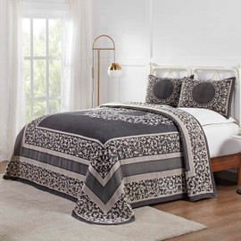 SUPERIOR Cotton Blend Bedspread Set, Includes Oversized Bedspread and 2 Matching Pillow Shams, Light Weight Blanket, Bedding Decor, Jacquard Vintage Floral Mandala, Lyron Collection - King, Charcoal