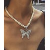 Chargances Silver Crystal Butterfly Choker Pearl Necklace for Women Boho