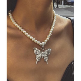 Chargances Silver Crystal Butterfly Choker Pearl Necklace for Women Boho Sparkly Butterfly Necklace for Women Girls Gift