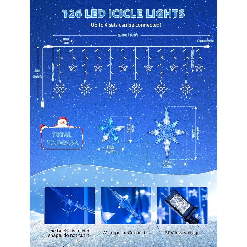 BEEWIN Star Icicle Lights Outdoor,126 Led 12 Star Hanging String