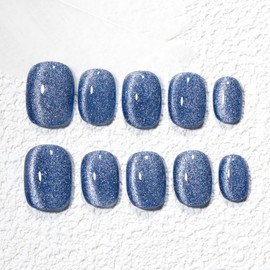 Sun&Beam Nails Handmade Nail Tips Short Square Oval Round Blue False Nail Magnet Plain One Color Simple Design Fashionable False Nail 10 Pieces (#242 S)