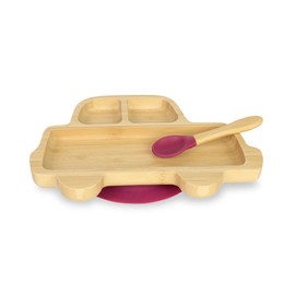 BIOZOYG Bamboo Plate Set Car I Suction Cup Plate with Spoon - FSC Certified I Cute Bamboo Wooden Bowl Set Toddler - Kids Plate & Snack Bowl I Baby Bamboo Tableware Red