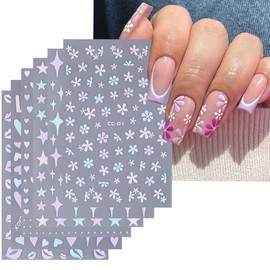 6PCS Flower Nail Stickers Summer Nail Decals Self Adhesive Nail Supplies 3D Glitter Pink Blue Daisy Flowers Heart Star Lips Pattern with Design Sparkling Colorful Charms for Women DIY Manicure Decor