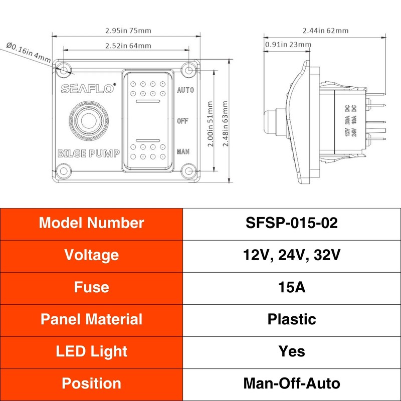 SEAFLO 3-Way Bilge Pump Switch Panel (Automatic-Off-Manual) 12v 24v w/Built-In