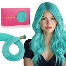 WENNALIFE I Tip Hair Extensions Human Hair, 50g 100s 16 Inch Teal Green Remy Itip Human Hair Extensions Invisible Itips Straight I Tips Fusion Extensions Real Human Hair