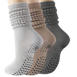 ZANZER (3 Pairs) Scrunch Pilates Grip Socks for Women, Yoga Slouch Socks with Grip for Barre Workout Hospital Dance Gym Exercise (AU, Numeric, 00, 3, Grey + Khaki + Dark Grey)