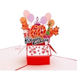 iGifts And Cards Happy 60th Red Birthday Party Box 3D Pop Up Greeting Card – Sixty, Awesome, Balloons, Presents, Unique, Celebration, Feliz Cumpleaños, Fun