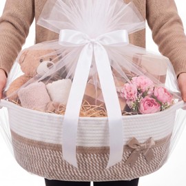 Colingmill Large Woven Gift Basket Empty 17”x13”x7.6” Jumbo Storage Basket with Gift Bag Ribbon and Tulle Gifts Card Paper Filler for Wedding DIY Baby Toy Baskets with Handles(Khaki,Stripe)