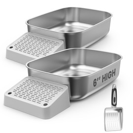 PawsPik Stainless Steel Cat Litter Box with Steps & Metal Scooper, X-Large, 2 Pack, 23” x 16.5” x 6”