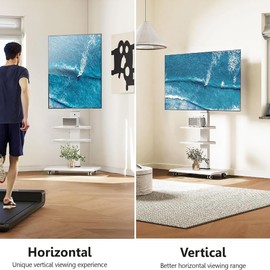 FITUEYES Rolling TV Stand - Portable Mobile TV Cart on Wheels for 32 to 75" TVs, Landscape to Portrait Rotating, 40 Degrees Swivel, Height Adjustable TV Cart with 2 Shelves, Hold Up to 88 Lbs