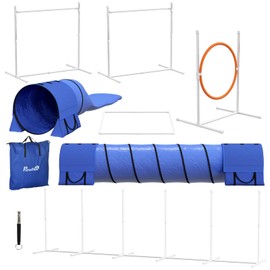 FocusOnHome 7 Piece Dog Agility Training Equipment, Dog Obstacle Course Starter Kit with Tunnels, Weave Poles, Adjustable Hurdles, Jumping Ring, Pause Box, Whistle, Blue