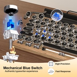 Retro Typewriter Wireless Mechanical Gaming Keyboard, Bluetooth 5.0 Office Computer Vintage Keyboards 83-Key Blue Switches Punk Round Keycap, LED Backlight, Compatible with PC/Laptop/Pad/Phone, Wood