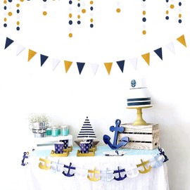 Navy Blue White Gold Pennant Banner,2 Pack Glitter Sprinkles Paper Triangle Flags, Birthday Graduation 2021 Fathers Day Wedding Baby Shower Party Decorations Bunting Lasting Surprise