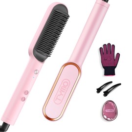 TYMO Hair Straightener Brush, TYMO Ring Hair Straightener Comb Straightening Brush for Women with 5 Temps 20s Fast Heating & Dual Voltage, Pink