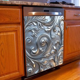Dishwasher Magnet Cover Sticker Stainless Steel Design Swirling Leaves and Curves Pattern Magnetic Refrigerator Panel Front Door Fridge Microwave Decal 23W x 26H inchs