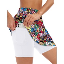 LouKeith Womens Knee Length Tennis Skorts Skirts Athletic Golf Skirts Casual High Waisted Drawstring Skirts with Pockets Colorful Flowers XL