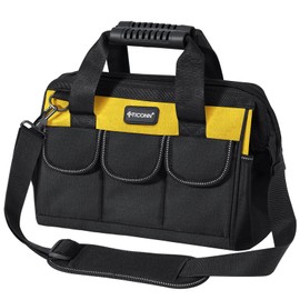 TICONN Tool Bag with Multi-Pockets Wide Mouth Tool Tote with Safety Reflective Straps, Adjustable Shoulder Strap and Ergonomic Handle (Yellow, 12" Standard Base)