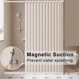 Jerlwuay Waterproof Folding Shower Curtain, Magnetic Shower Curtains for Bathroom, Thick Linen Bathroom Curtain,No Liner Need, Beige, 39" x 79"