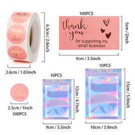 100 Pieces Thank You Cards, 500 Pieces Thank You for Supporting My Small Business Stickers, 20 Pieces Resealable Packaging Bags for Small Business Stuff