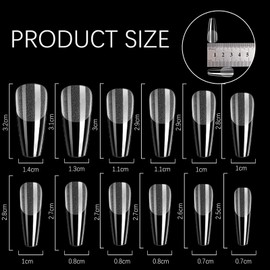 Pack of 500 False Nails Nail Tips, Acrylic False Artificial Nail Tips, Full Cover Nail Tips, Fake Coffin Nail Tips for Women, 12 Sizes, Semi-Matted, Long Coffin Shape