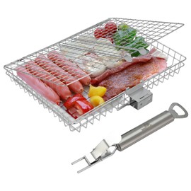 WillBBQ Multi-Function BBQ Basket – Portable Large Stainless Steel Grill Basket With Removeable Handle, Perfect For Outdoor Cooking, BBQ, Kitchen Use