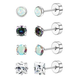 PATISORNA G23 Titanium Earrings for Women Men Titanium Stud Earrings Set 20G Surgical Steel Sleeper Cartilage Earring Opal CZ Small Earrings Flat Back Stud Earrings